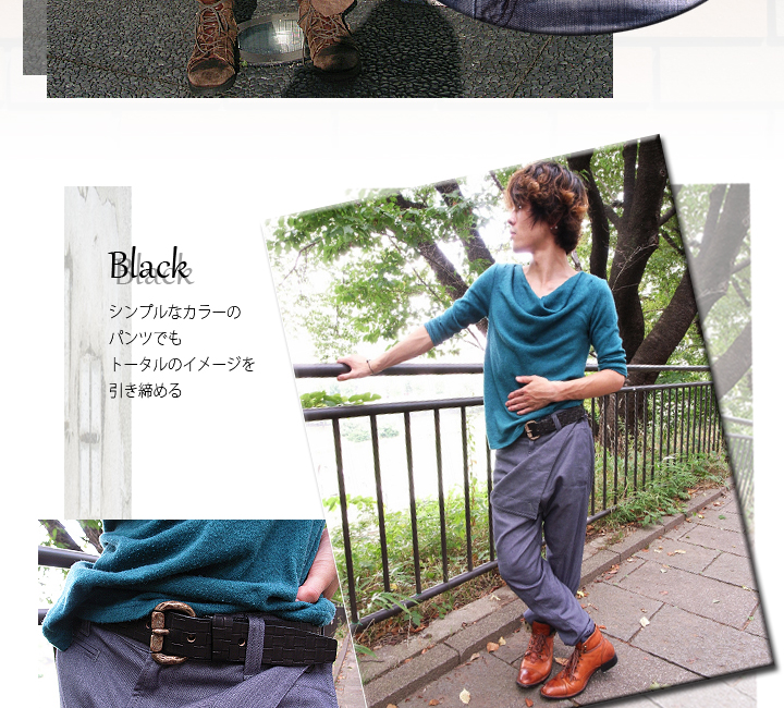 紳士　ファッションベルト　オイルレザーメッシュ&USED加工バックル　ブラック
