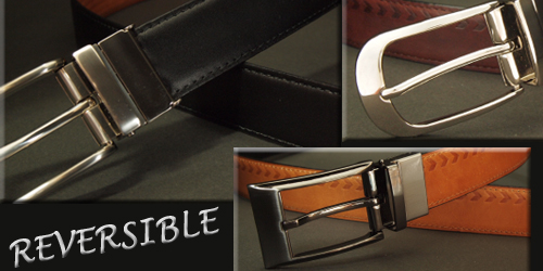 革ベルト・ファッションベルト　リバーシブルベルト　黒のビジネスベルトと矢絣柄型押し革のリバーシブル